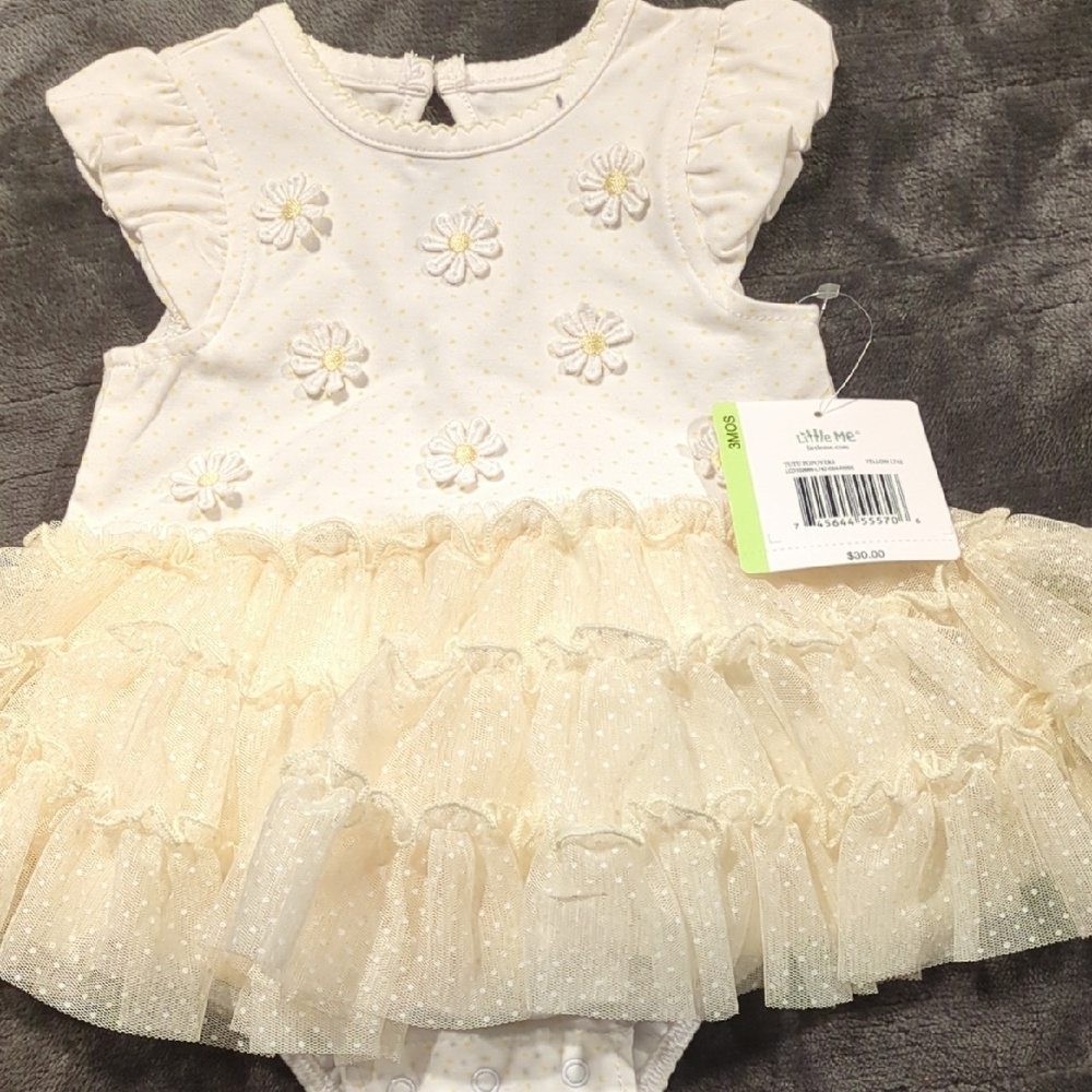 Baby Onesie White / Yellow Baby Dress with Floral and Lace Accents. Size 3 Month